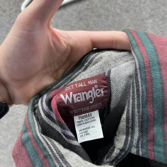 Wrangler Shirt Mens 2XL Red Stripes Pearl Snap Tall Western Brush Popper Cowboy - Picture 6 of 10